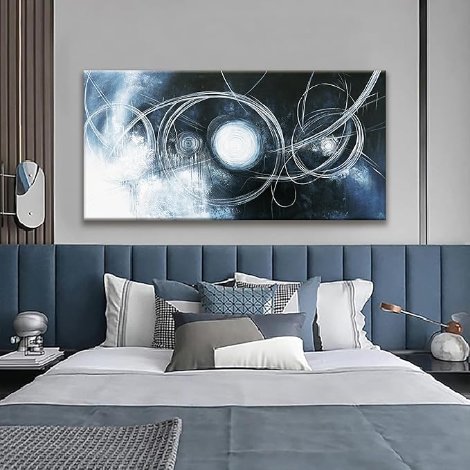 TAIJXAGSG Abstract Wall Art Modern Wall Decorations Maximalist Dark Blue Canvas Wall Art Decor Prints White Line Artwork For Living Room Bedroom Kitchen Office Artwork Ready To Hang 24"×48"-Ruum Studio Home