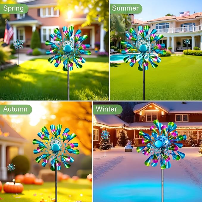 60'' Wind Spinner with Color Glass Ball Solar Lights, Green Peacock Feathers Metal Garden Outdoor Decor Yard Lawn Art Decor for Patio Kinetic Windmills Unique Gifts for Friends and Family-Ruum Studio Home