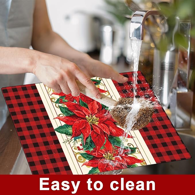 Christmas Poinsettia Placemats Set of 6 Red Watercolor Poinsettia Plastic Table Mats Christmas Xmas Red Flower Place Mats Winter Holiday Table Decoration for Indoor Outdoor Party Kitchen Dining-Ruum Studio Home