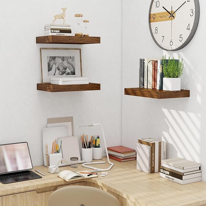 Fun Memories Wood Floating Shelves 16 Inch, 10 Inch Deep Shelves Wall Mount, Wall Shelves with Invisible Bracket, 16" Floating Shelves for Living Room Bathroom Bedroom, Rustic Brown, Set of 2-Ruum Studio Home