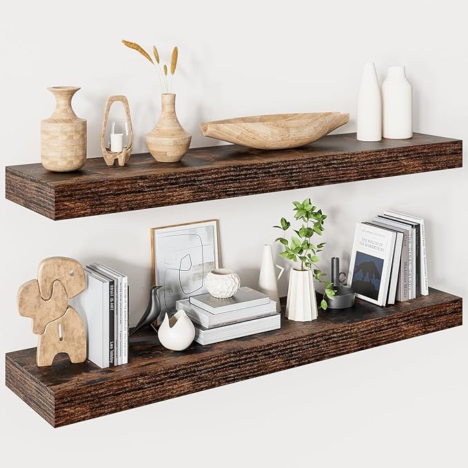 Floating Shelves for Wall 36 Inches Long,9.3" Deep Rustic Brown Floating Shelf Set of 2,Wall Mounted Shelves for Bathroom Bedroom Living Room Kitchen Office,Shelf for Books Storage,Home Decor-Ruum Studio Home