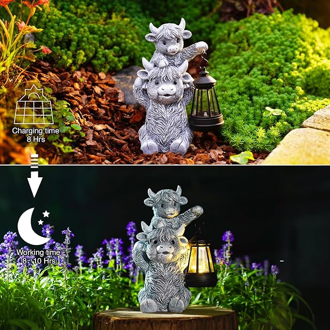 Goodeco 9.5 Inch Highland Cow with Solar Lantern – Resin Garden Decor, Outdoor Statue & Unique Highland Cow Gifts (Gray)-Ruum Studio Home