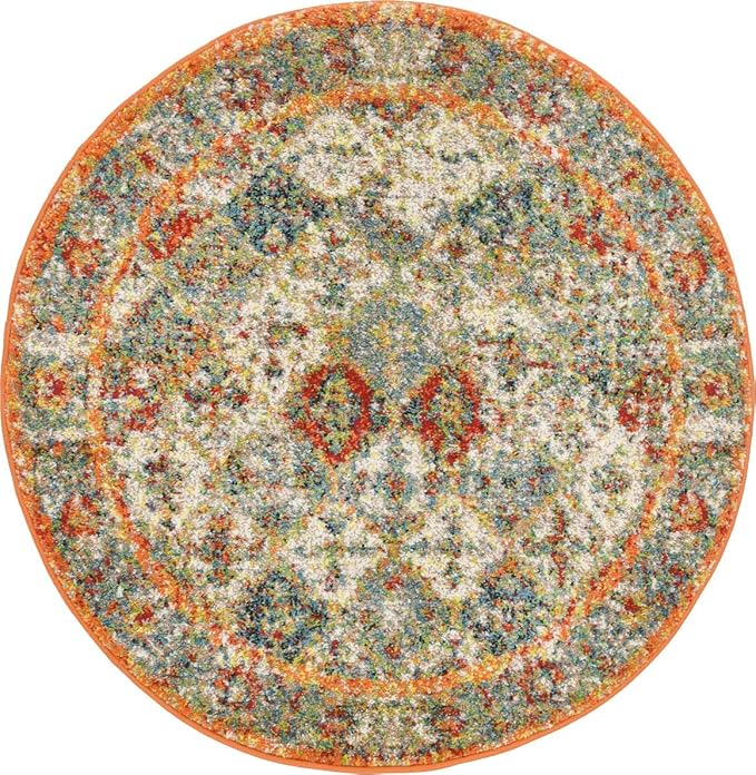 Unique Loom Rosso Collection Vintage, Traditional, Bohemian, Geometric, Distressed, Southwestern Area Rug (3' 3 x 3' 3 Round, Multi/Orange)-Ruum Studio Home