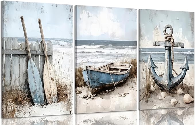 3Pcs Coastal Beach Canvas Wall Art Sailboat Paddle And Anchor Paintings Pictures Wall Decor Nautical Posters Prints Artwork Suitable for Living Room Bedroom Home Office Corridor Home Decroation-Ruum Studio Home