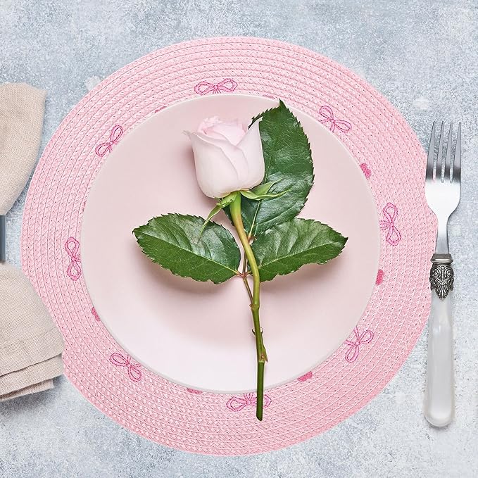 Whaline 4Pcs Round Placemats Pink Bow Embroidered Place Mats Coquette Bow Dinner Table Mats for Home Wedding Baby Shower Birthday Party Decor-Ruum Studio Home