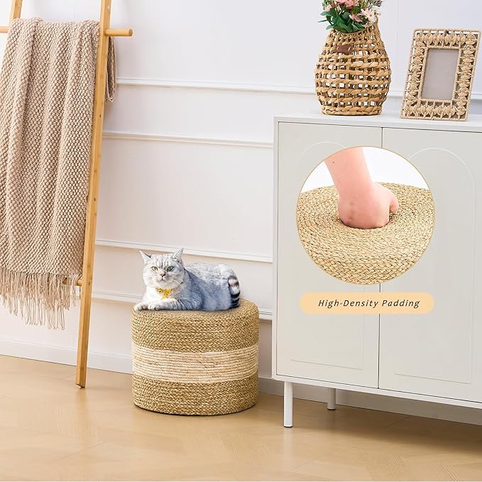 Handwoven Seagrass Ottoman Pouf, Round Outdoor Footstool with Sturdy Frame, No Assembly Needed, Boho Accent Stool for Indoor & Outdoor Use – Patio, Balcony, Living Room (Seagrass White)-Ruum Studio Home