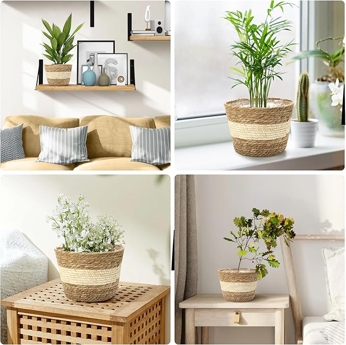 Athaliah Plant Basket, 3 PCS Plant Baskets Indoor with Plastic Liner, Water Hyacinth and Corn Stalk Woven Planters Flower Basket, Planter Basket for Rustic Home Floor Potted Pots Decor-Ruum Studio Home