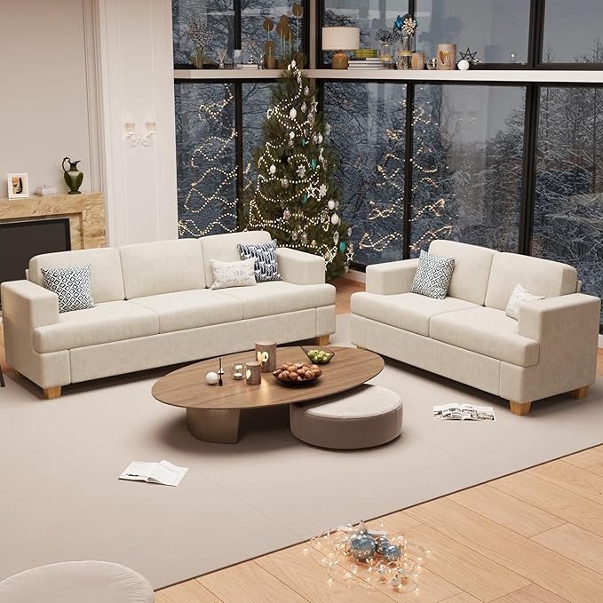 Sofa, 2 Piece Set Comfy Couch, 3 Seater & Loveseat Sofa with Deep Seats, Modern Sleeper Couch for Living Room, Beige Chenille-Ruum Studio Home
