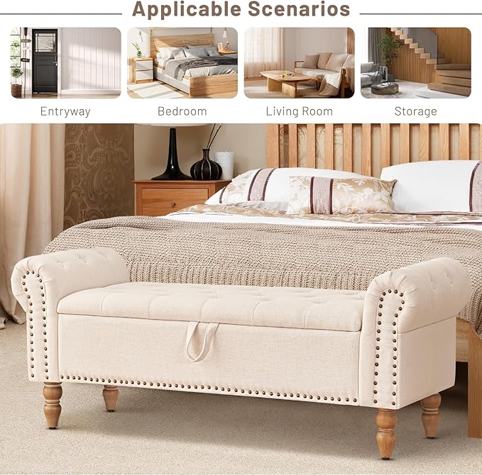 Furniliving 51” Storage Benches, End of Bed Bench with Button-Tufted Large Upholstered Storage Ottoman Linen Window Bench with Storage Shoe Cabinet Bench, for Bedroom, Entryway, Closet, Beige-Ruum Studio Home