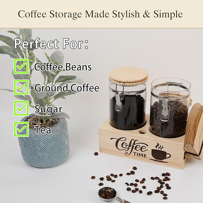 Glass Coffee Canister Set with Shelf & Spoon 2 Piece Coffee Containers for Coffee Bean Storage Airtight Seal, Coffee Bar Accessories Filter Holder for Kitchen Organization-Ruum Studio Home