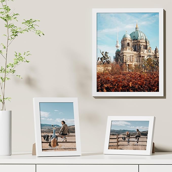 Vittanly 11x14 Picture Frames Set of 9, Shatter Resistant Plexiglass, Display 8x10 Pictures with Mat or 11x14 without Mat, Photo Frames for Wall or Tabletop, Engineered Wood, White-Ruum Studio Home