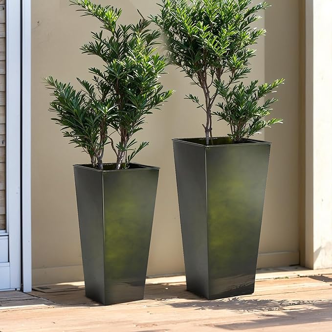 KOL 25'' & 28'' Tall Bright Glazed Planter with Insert, Set of 2, Galvanized Steel Planter Metal Pots with Drainage Hole for Indoor & Outdoor Use, Decorative Plant Pots for Front Porch, Patio - Green-Ruum Studio Home