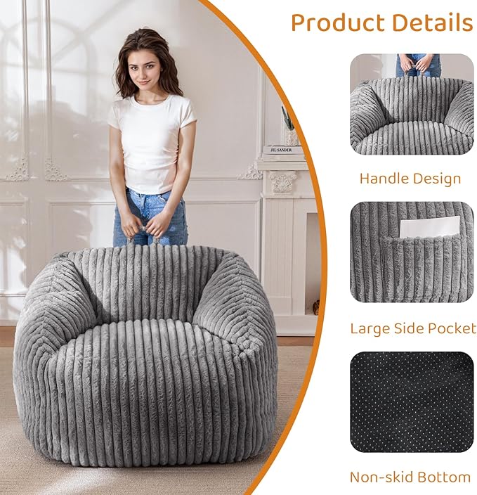 BYBYME Giant Bean Bag Chair for Adults and Kids, Large Comfy Cozy Beanbag, Floor Sofa for Teens, Living Room, Gaming, Reading, Grey-Ruum Studio Home