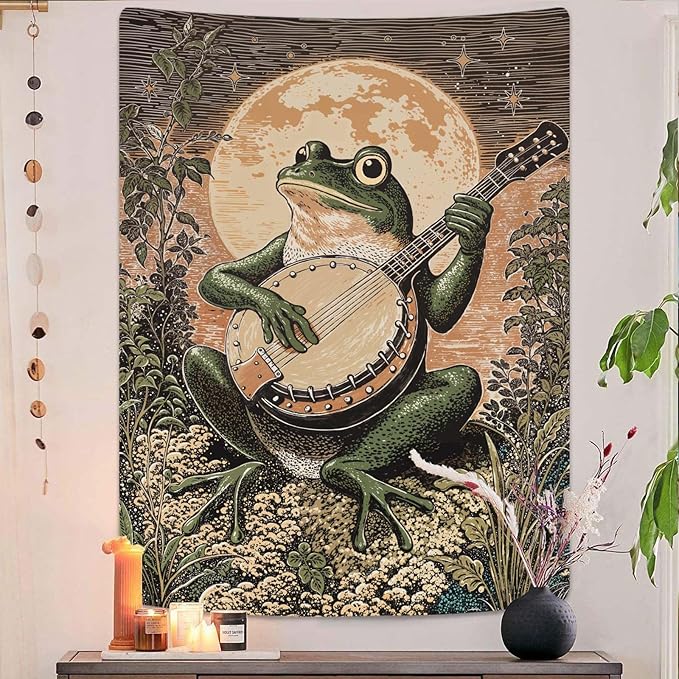 Lunerfex Moonlit Banjo Frog Wall Tapestry, Whimsical Amphibian Musician Tapestries for Room Decor, Folk Art Tapestry 36L x 48W-Ruum Studio Home