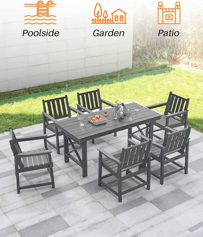 HDPE Patio Dining Set, 5-Piece Outdoor Table and Chairs with Umbrella Hole, Modern Outdoor Dining Set for 4, HDPE Outdoor Patio Furniture Dining Sets for Deck, Poolside, Porch, Smoke Gray-Ruum Studio Home