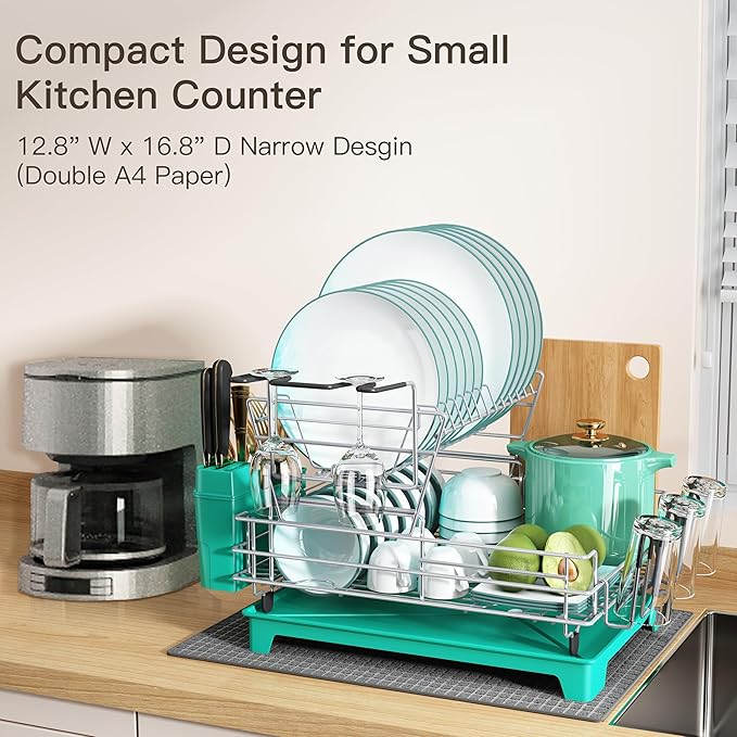 BOOSINY 2 Tier Turquoise Large Stainless Steel Dish Drainers Drying Rack for Kitchen Counter with Drainboard, Rust Proof Metal, Space Saving, Modern Aesthetic, Compact Plates Strainers with Extra Mat-Ruum Studio Home
