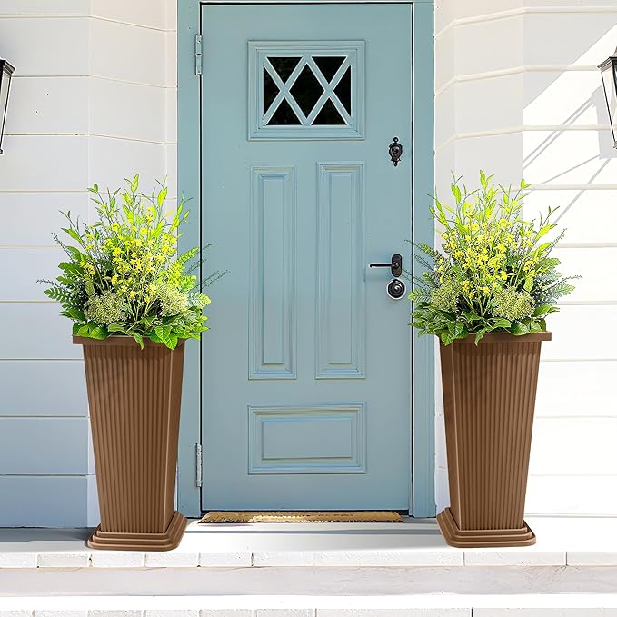 FENCY Set of 2 Tall Planters for Outdoor Plants, 24 Inch Large Tapered Pots with Drainage Trays, Weather-Resistant Plastic Plant Containers for Patio, Porch, Garden, Front Door Decor,Brown, Striped-Ruum Studio Home