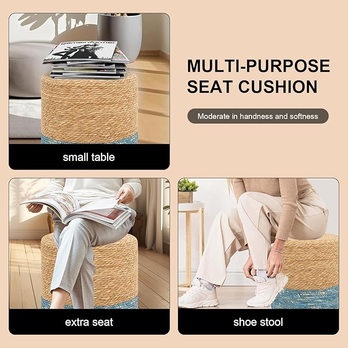 16'' Round Ottoman Natural Seagrass Braided Poof Hand Weaving Round Ottomans Boho Footrest Stool for Home Living Room Bedroom Patio(Natural&Blue)-Ruum Studio Home