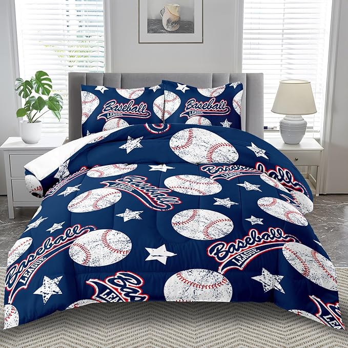 Baseball Comforter Set Queen,Sports Bedding Sets for Boys,Blue Sports Comforter Queen Bedroom Decor,Baseball Bedding Teen for All Seasons,Blue Quilt Kids Bedroom Decor-Ruum Studio Home