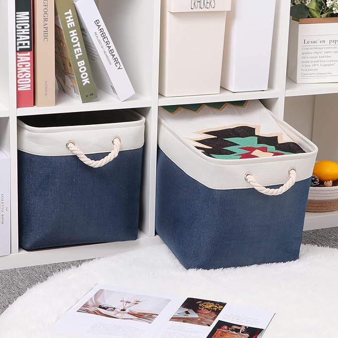 Bidtakay Fabric Storage Baskets with Handles for Organizing 16" x 11.8" x 11.8" Navy Blue Baskets [2-Pack] Shelf Baskets Large Canvas Collapsible Bins for Closet (White&Blue)-Ruum Studio Home
