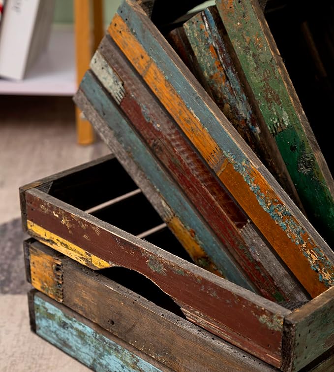 TIMRIS Set of 3 Rustic Distressed Wood Nesting Crates, Farmhouse Decorative Wooden Storage Boxes, Large Vintage Reclaimed Wood Baskets for Display (Random)-Ruum Studio Home