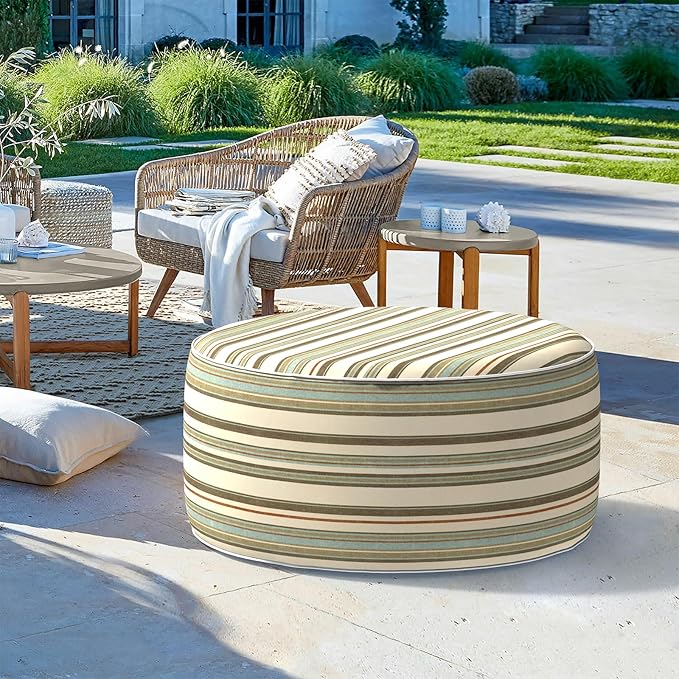 LVTXIII Outdoor Inflatable Ottoman, Fade-Resistant Round Footrest Stool D31”x H14”, Portable Patio Pouf for Garden Camping or Home Use, Stripe Onyx-Ruum Studio Home