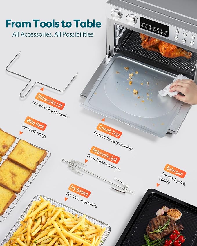 28QT Air Fryer Toaster Oven Combo, Large 12-in-1 Convection Countertop Oven with Next-Gen HeatWave Convection, 3-Layer Cooking, Rotisserie for Chicken, Fits 11" Pizza, Full Accessorie, Stainless Steel-Ruum Studio Home