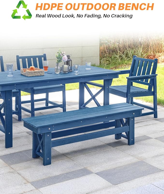 HDPE Outdoor Bench, 55" Patio Bench Outdoor Furniture, Poly Lumber Adirondack Benches, All Weather HDPE Garden Backless Benches for Park, Poolside, Deck, Porch, Navy-Ruum Studio Home