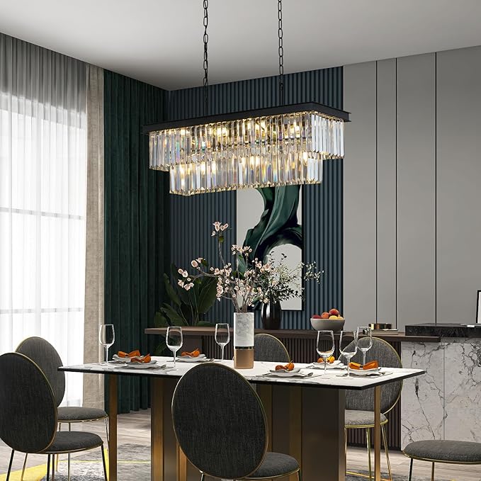 Crystal Chandeliers for Dining Room 11-Light Black Modern Chandelier Rectangle Contemporary Pendant Light Fixture for Kitchen Island Bar L33.5 Inch-Ruum Studio Home