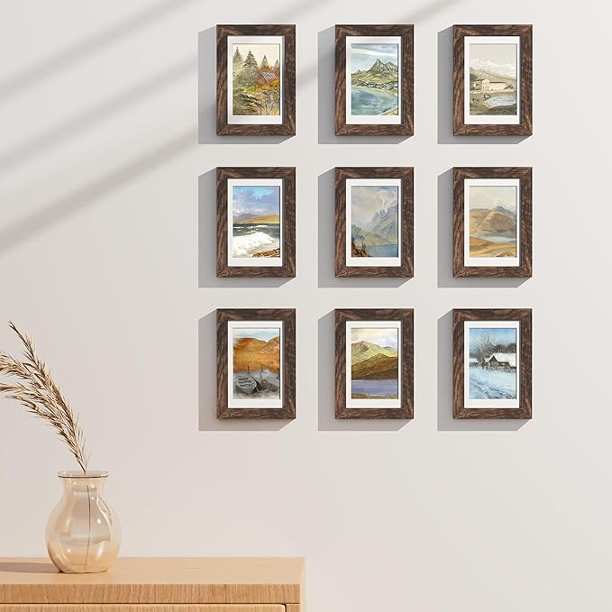 Vittanly 4x6 Picture Frames Set of 9, Shatter Resistant Plexiglass, Display 3.5x5 Pictures with Mat or 4x6 without Mat, Photo Frames for Wall or Tabletop, Engineered Wood, Brown-Ruum Studio Home
