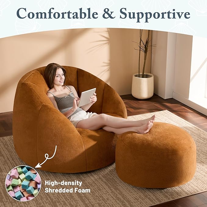 Giant Bean Bag Chaise Lounge Indoor Chair for Adults - Comfy Plush Round Shell Soft Accent Chair, Oversized Cozy Floor Sofa for Living Room, Bedroom & Game Rooms, Orange-Ruum Studio Home