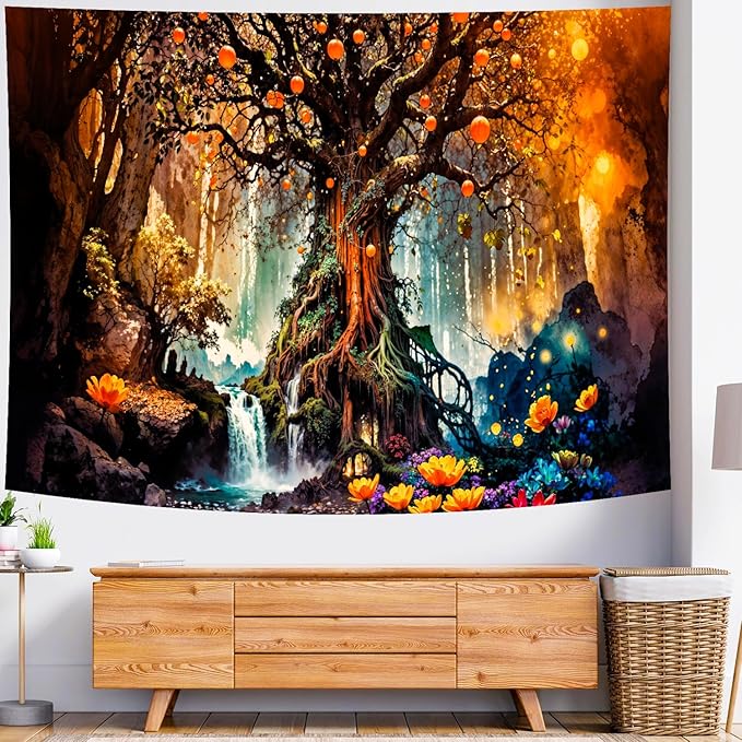 Delur Magical Forest Tapestry Fantasy Tree of Life Fairy Tale Enchanted Mystical Forest Tapestry Psychedelic Nature Landscape Wall Hanging Headboard for Bedroom Living Room Home Decor (51.2" x 59.1")-Ruum Studio Home