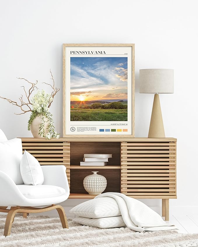HesenDot Natural OAK Wood Framed Pennsylvania Wall Art,12x16in Appalachian Mountains Scenery Canvas Wall Print,Classic Urban Landmark Wall Decor for Living Room, Bedroom,Office Gallery Set of 1-Ruum Studio Home