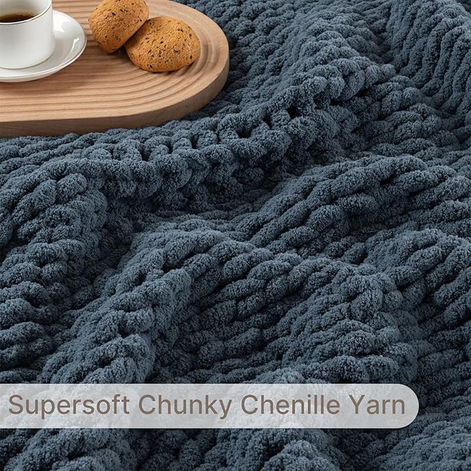 Chunky Knit Blanket Throw, 100% Hand Knit Throw Blanket Handmade Chenille Cable Knit Throw for Couch, Stylish Cozy Soft Rope Knot Crochet Blanket for Home Decor, Blue Mirage, 50x60 Inches-Ruum Studio Home