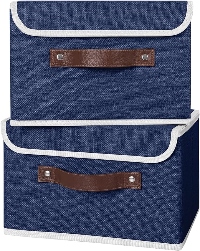 ANMINY 4PCS Storage Bins with Lid PU Leather Handles Storage Boxes PP Plastic Board Decorative Foldable Lidded Cotton Linen Fabric Home Cubes Baskets Closet Organizer Containers - Blue, Small Size-Ruum Studio Home