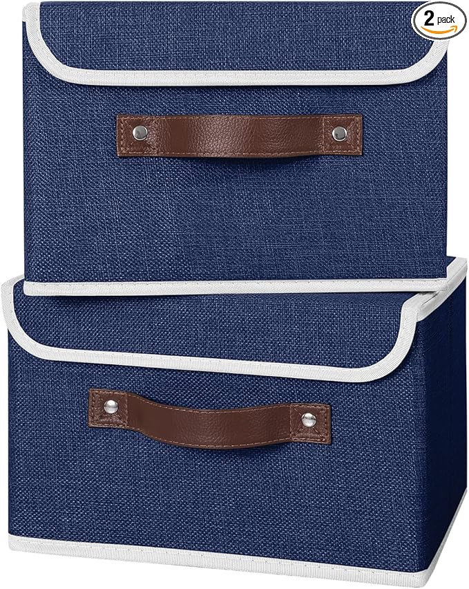ANMINY 2PCS Storage Bins with Lid PU Leather Handles Storage Boxes PP Plastic Board Decorative Foldable Lidded Cotton Linen Fabric Home Cubes Baskets Closet Organizer Containers - Blue, Small Size-Ruum Studio Home