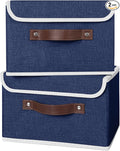 ANMINY 2PCS Storage Bins with Lid PU Leather Handles Storage Boxes PP Plastic Board Decorative Foldable Lidded Cotton Linen Fabric Home Cubes Baskets Closet Organizer Containers - Blue, Small Size-Ruum Studio Home
