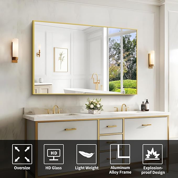 Gold Bathroom Mirror for Wall, 60x36 Inch Rectangle Mirrors with Metal Frame, Modern Vanity Wall Mirror Decor for Bathroom Living Room, Entryway Hangs Horizontal or Vertical-Ruum Studio Home