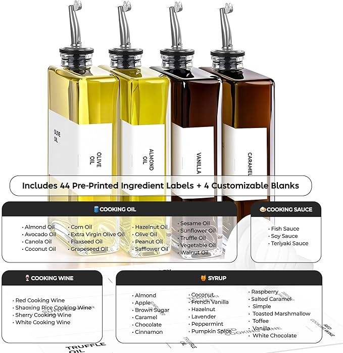 Olive Oil Dispenser Bottle - Includes 44 Kitchen Essential Labels - Cooking Oil Bottles for Kitchen, Coffee Syrup Dispenser - Pourer Spout with 11.8 fl oz Glass Container Cruet - 4pcs Silver-Ruum Studio Home