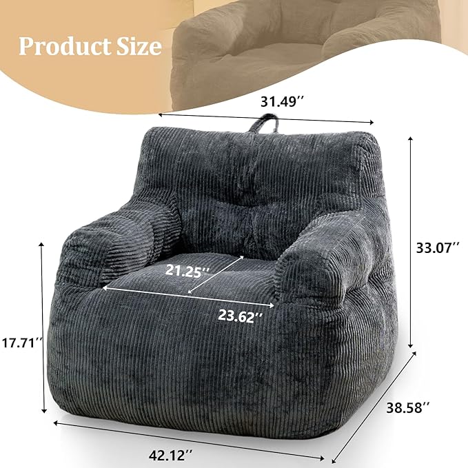 Giant Bean Bag Chair, Faux Fur Large Bean Bag Chair for Adults, Fluffy and Comfy Giant Bean Bag Chair with Filler, Big Bean Bag Sofa Chair for Reading, Gaming, Grey-Ruum Studio Home