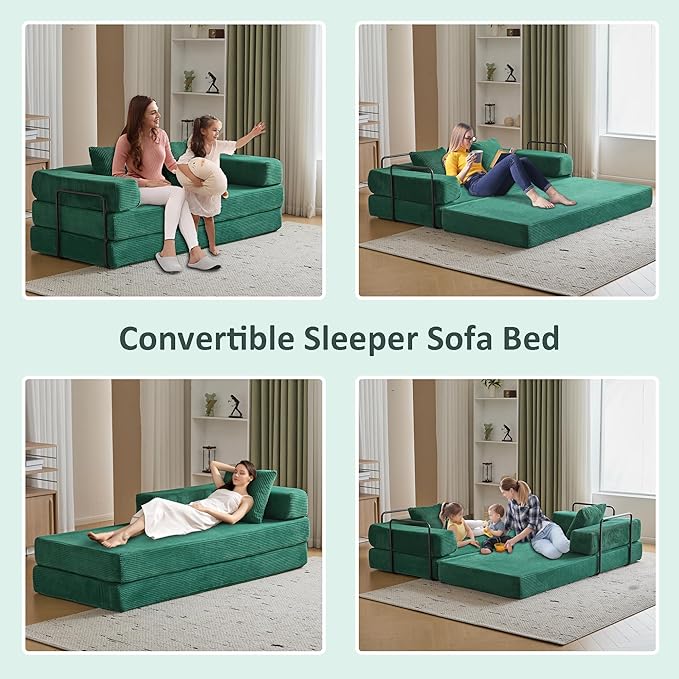 Convertible Sleeper Sofa Bed, Compression Folding Sofa with Pillow, No Assembly Required, Shape Frame, Floor Sofas Lounge Couch for Living Room, Bedroom, Small Spaces(Corduroy, 77''W, Dark Green)-Ruum Studio Home
