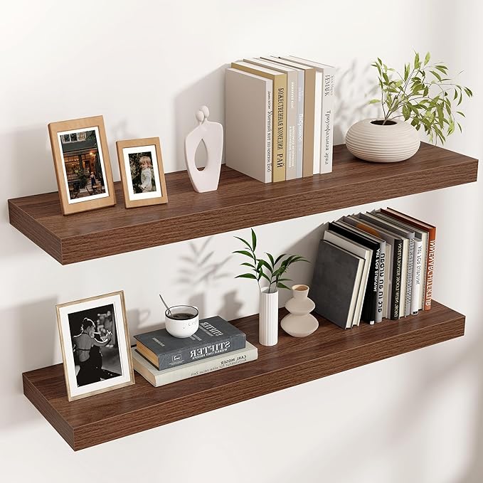 Floating Shelves - 2 Large Wall Mounted Shelves with Invisible Brackets, Long Walnut Wood Floating Wall Shelf for Living Room, Bedroom, Kitchen (36" W x 9" D x 1.5" H)-Ruum Studio Home