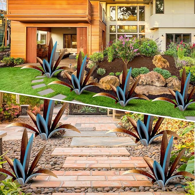 DIY Metal Agave Plant Art Yard Tequila Art Sculpture, Tequila Rustic Garden Sculpture Statue Outdoor Decor,Agave Metal Plants for Yard, Garden Lawn Ornaments (9 Leaves -Blue)-Ruum Studio Home