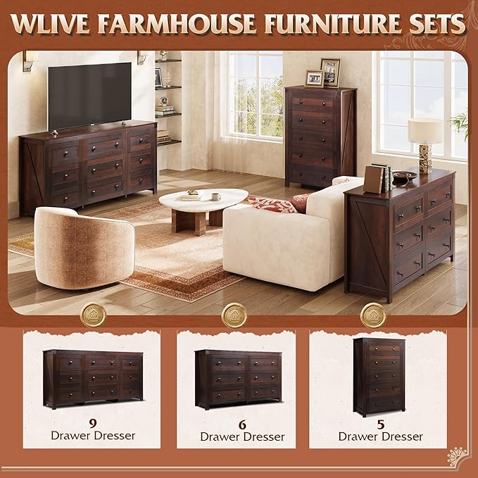 WLIVE Farmhouse 6 Drawer Dresser for Bedroom, 53.07'' Wide Wood Dresser, Storage Organizer with Double Rustic Handle, TV Stand for 60 inch TV, Chest of Drawers for Living Room, Hallway, Brown-Ruum Studio Home
