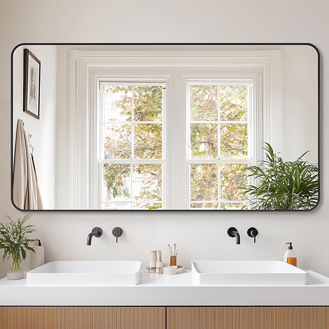 Bathroom Mirror 55" x 30", Large Rectangle Wall Mirror, Black Metal Frame Wall Mounted Mirrors for Bathroom, Vanity, Bedroom, Entryway Decor(Horizontal/Vertical)-Ruum Studio Home