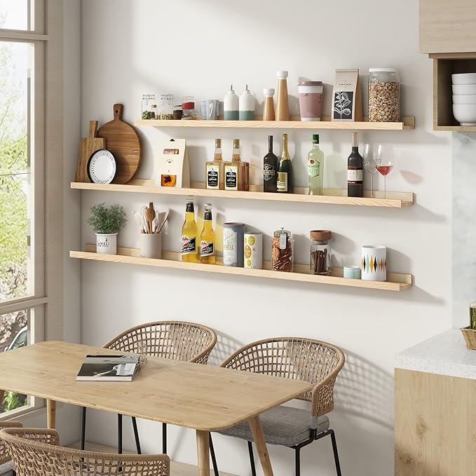 Picture Ledge Shelf for Wall, 24 inch Solid Pine Wood Nursery Book Shelves 2 Packs, Floating Ledge Shelves for Kids' Room Bedroom Bathroom Living Room Photo Frames Office Nursey Wall Decor, Natural-Ruum Studio Home