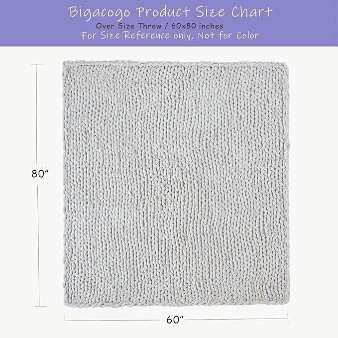 Bigacogo Chunky Knit Throw Blanket for Couch, 60x80 inches, 100% Hand Knitted with Thick Jumbo Chenille Yarn, Cozy Soft Large Rope Knot Cable Crochet Blankets for Sofa Bed Living Room, White-Ruum Studio Home
