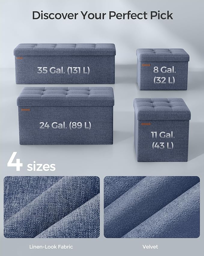 SONGMICS Mazie Collection - 30 Inches Folding Storage Ottoman Bench, Ottoman Foot Rest, End of Bed Bench, Storage Chest, Load 660 lb, for Living Room, Bedroom, Entryway, Misty Blue ULSF047Q01-Ruum Studio Home