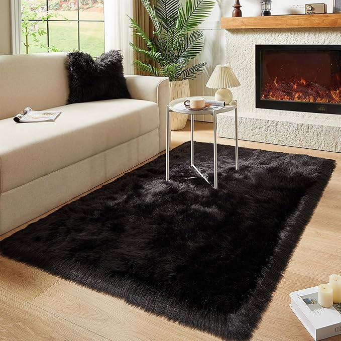 AMTOVO Faux Fur Sheepskin Rug for Living Room, 4 x 6 ft Black Fluffy Area Rug for Bedroom, Playroom, Luxury Room Decor, Rectangle-Ruum Studio Home