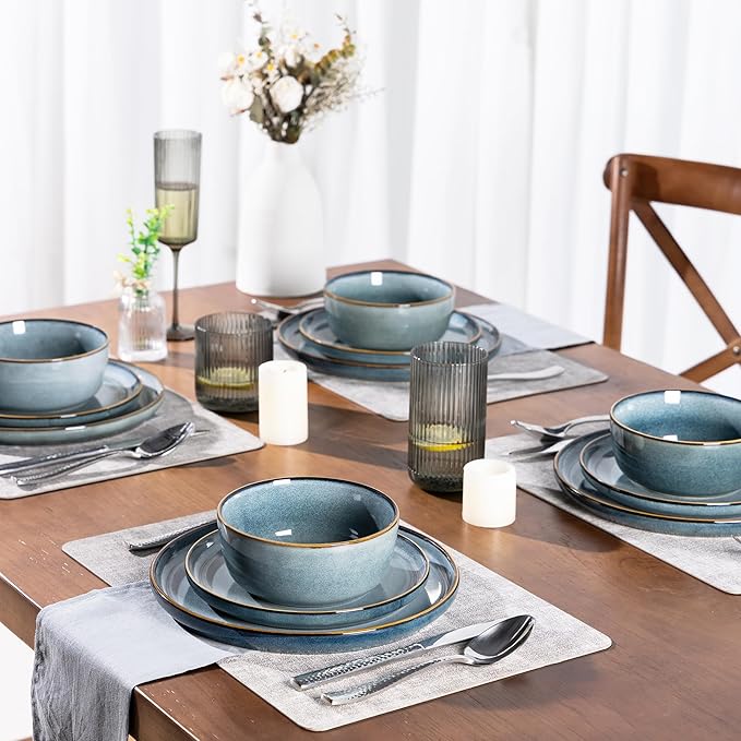 GBHOME Ceramic Dinnerware Sets for 6, 18 Pieces Stoneware Plates and Bowls Sets, Scratch Resistant Dishes, Dishwasher & Microwave Safe, Space Blue-Ruum Studio Home